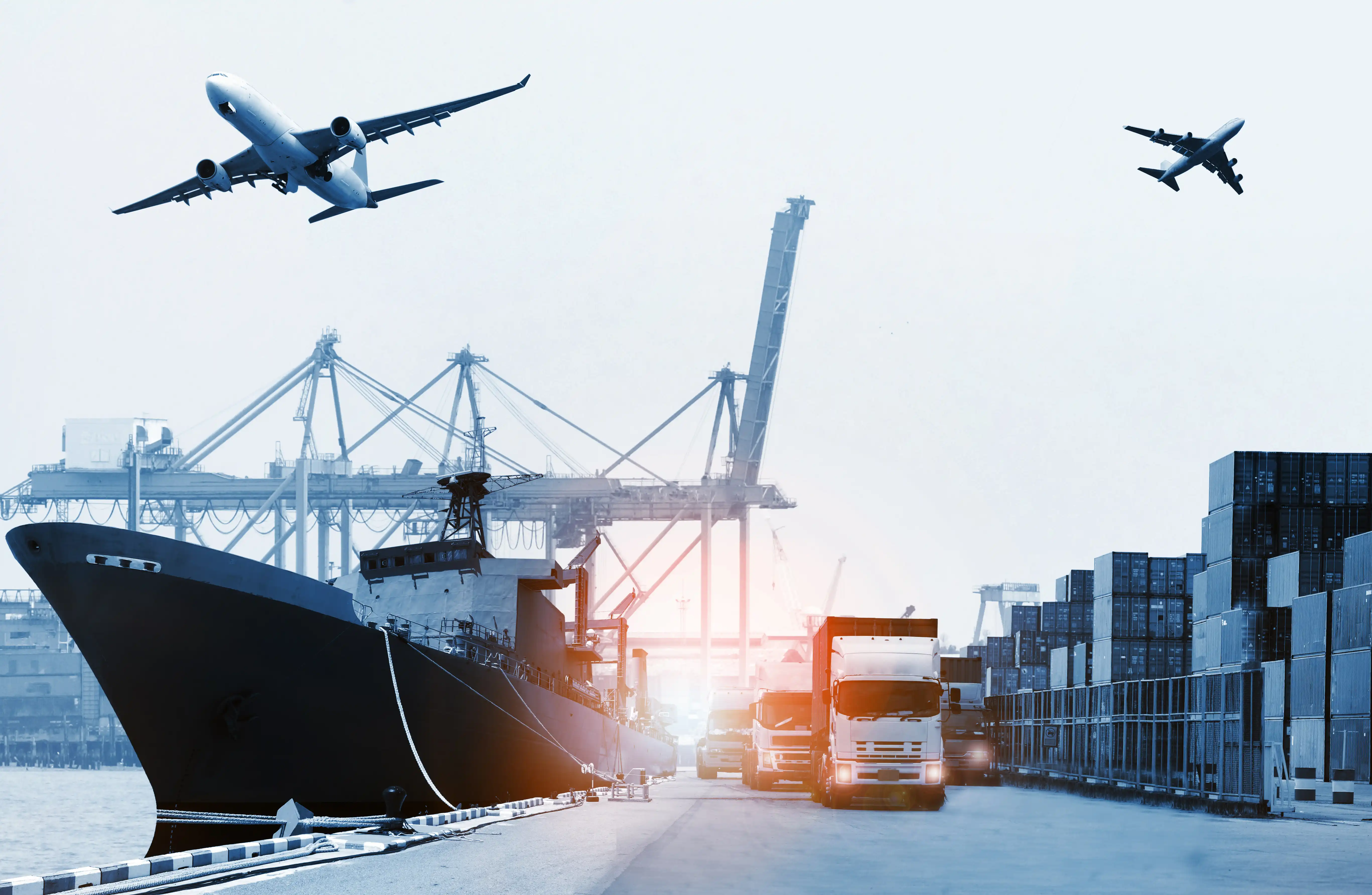 Cargo ship, truck, and aircraft representing global logistics